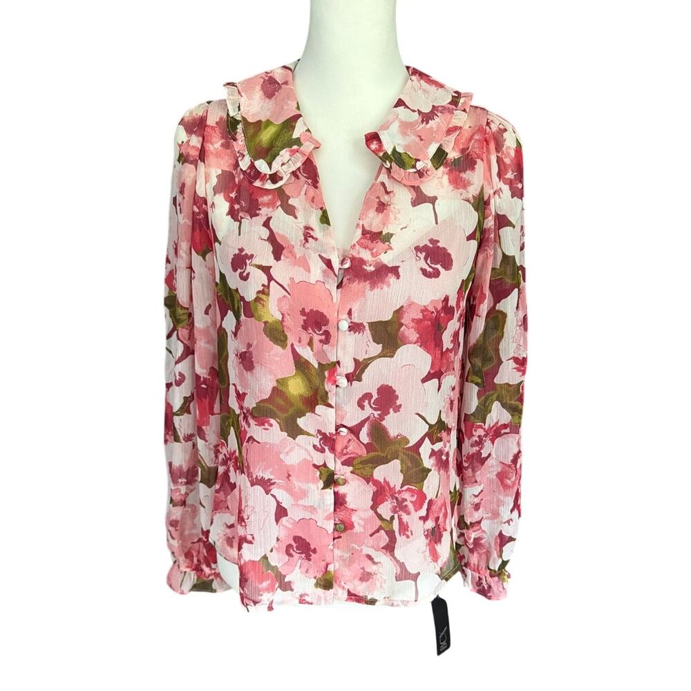 BCX Long Sleeve Floral Top Medium Pink Green White